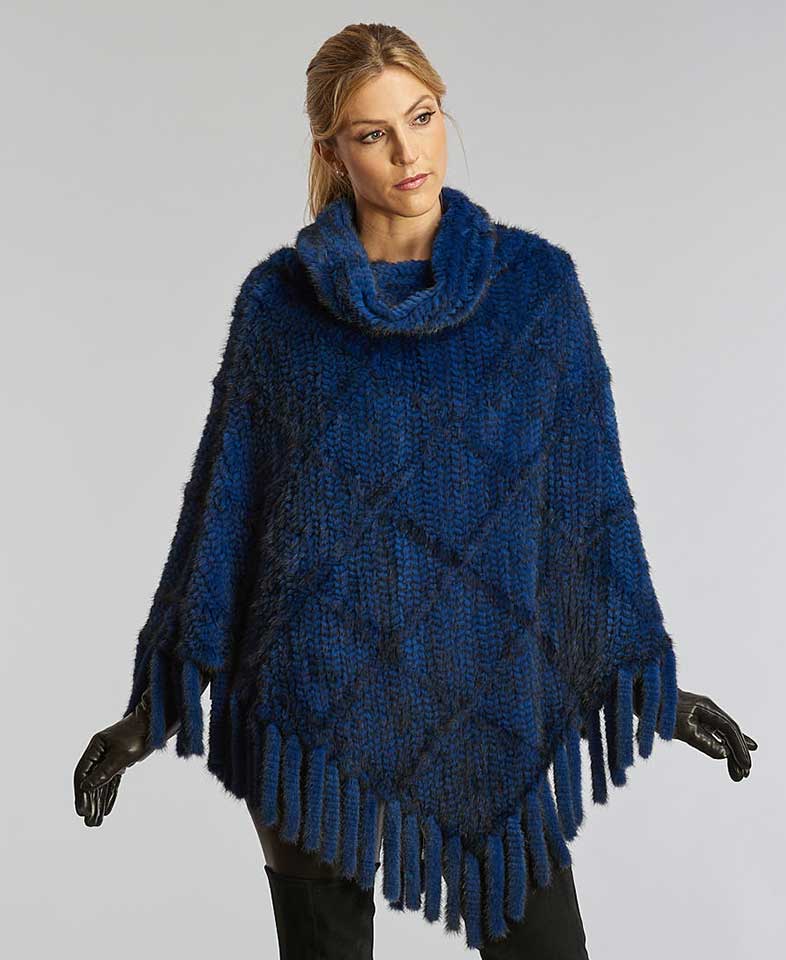 Blue Knitted Mink Poncho w/Fringe - Alaskan Fur