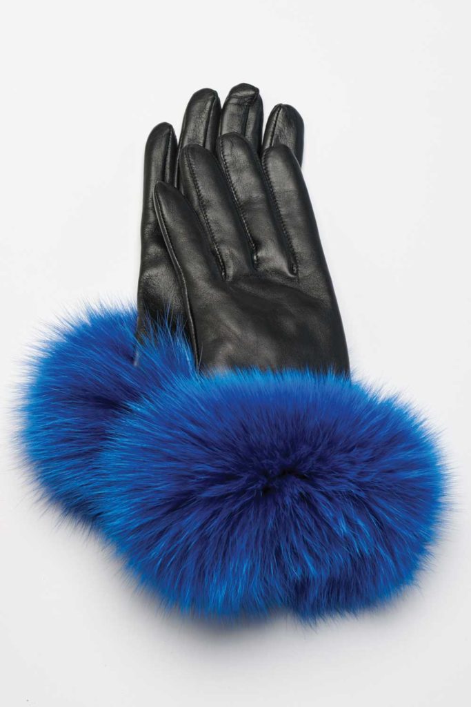 Black-Electric-Blue-Leather-Gloves-w-Dyed-Fox-Cuffs - Alaskan Fur