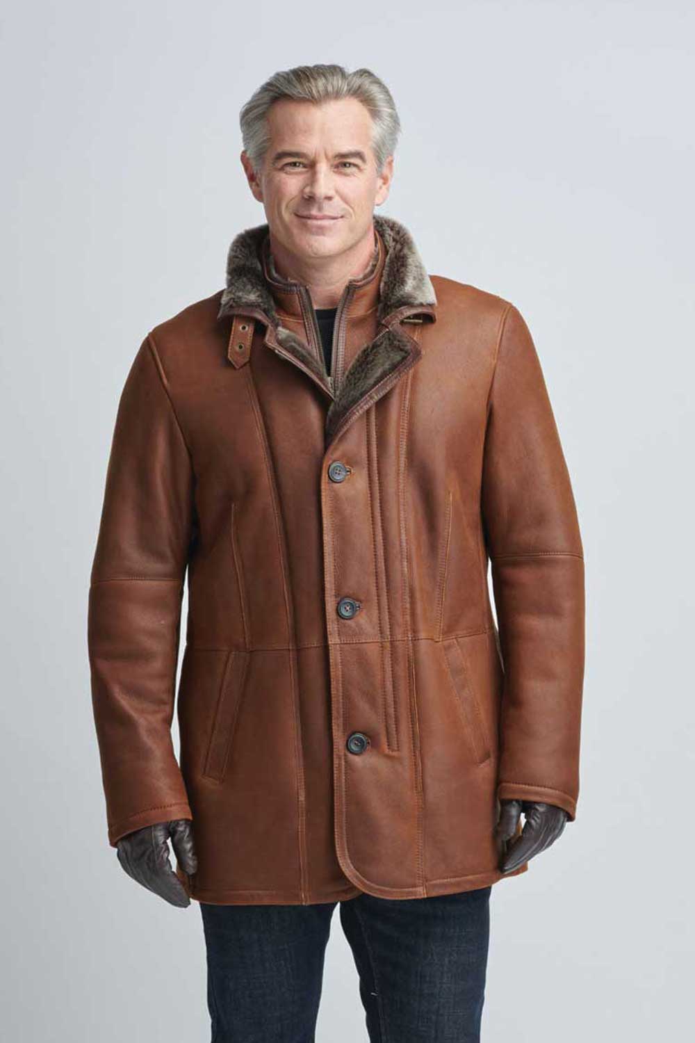 Men's-Shearling-Jacket-wBelted-Collar-&-Fur-Trim-Cognac - Alaskan Fur