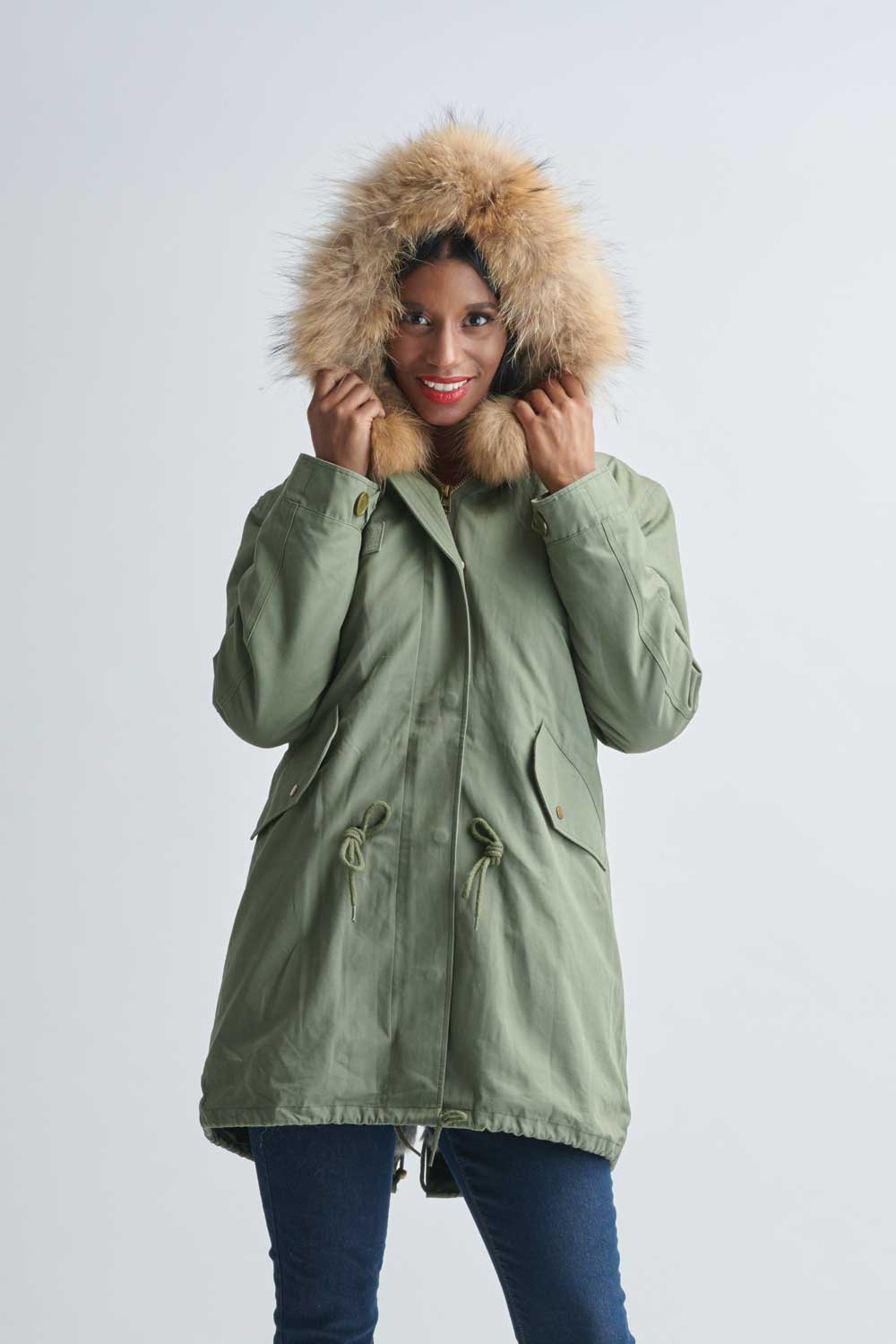 OLIVE-GREEN-HOODED-PARKA-WRABBIT-LINING-&-RACCOON-TRIM-2 - Alaskan Fur